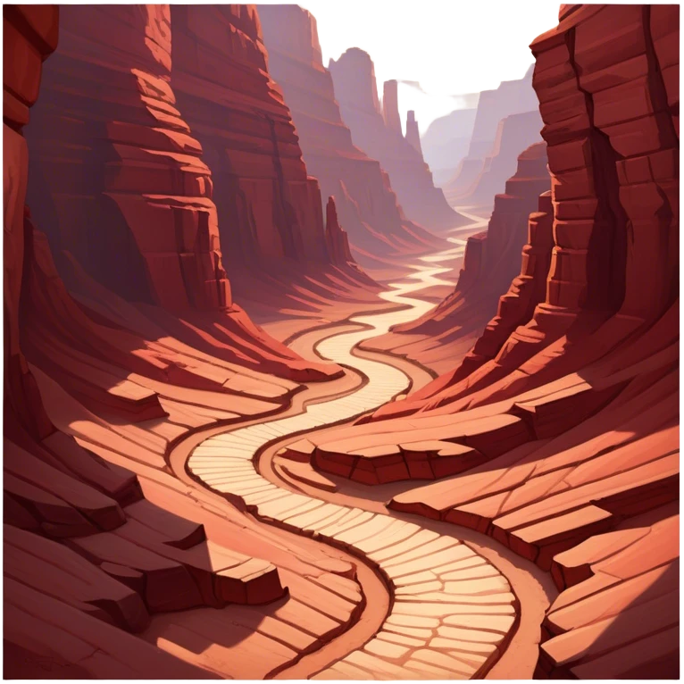Cinematic Realistic Canyon Emoji, Vast and rugged, with deep red rock formations and winding paths leading down to a dry, dusty floor. Sunlight casts long shadows across the craggy surfaces, highlighting the layers of ancient rock. Soft glowing outline, capturing the essence of dramatic beauty and ancient history in a mighty canyon. emoji