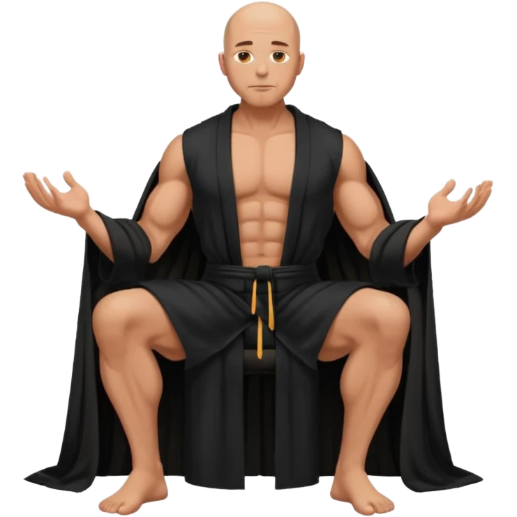 fullbody jacked bald guy, sleeveless and unbuttoned in full black robe sitting emoji