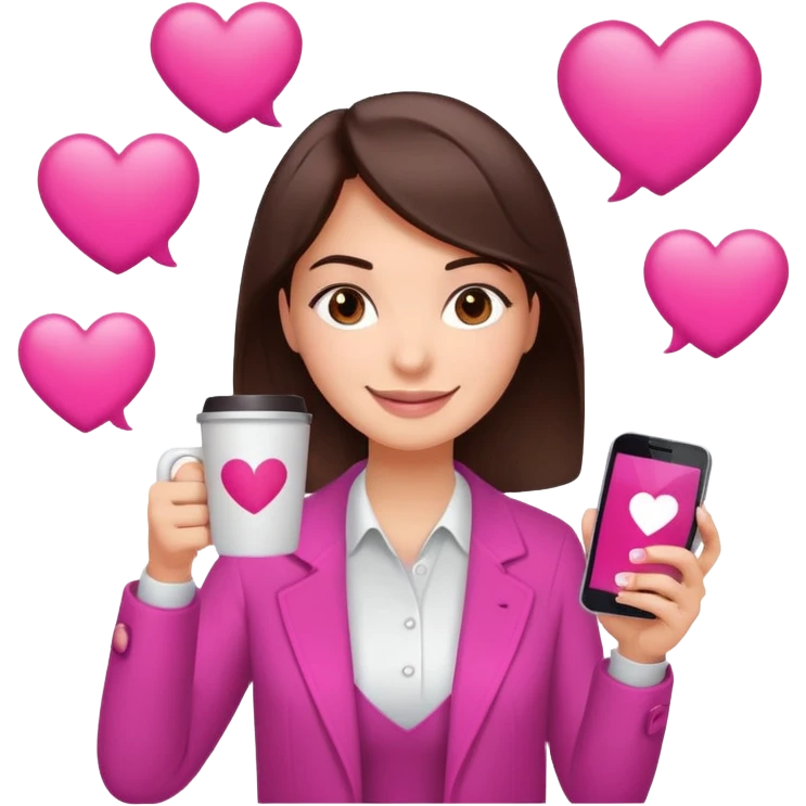 Social media manager. She has dark brown hair, brown eyes, a friendly smile. She is holding a smartphone and a coffee cup. Include subtle marketing elements like small icons of hashtags or a speech bubble with a heart, instagram logo. Use vibrant colors with a focus on pink and fuchsia tones. emoji