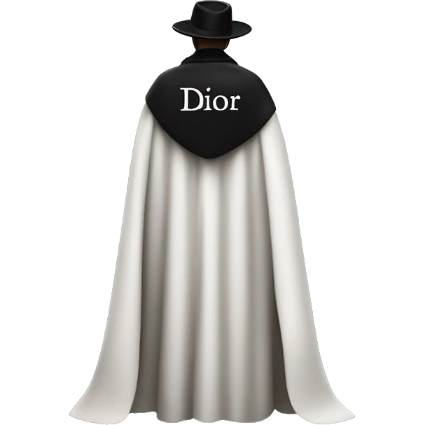 back profile of black magician, cape that says Dior, text Dior on the cape emoji