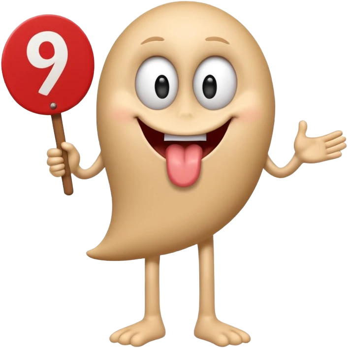 A school that has the number 9 on top of it's eyes holding a sign with the number 9 on the sign with a mouth sticking out his tongue with legs and arms with him being happy full of joy emoji