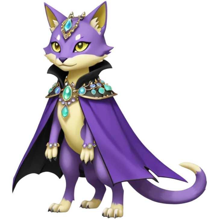 Kawaii cute Violet Yellow Black beautiful pretty elegant divine edgy feline-vernid-sergal-Fakémon-Pokémon-Digimon-fursona-animal-creature, full body, with intricate detailed markings, Embroidered capelet, Gem-studded horn ring emoji