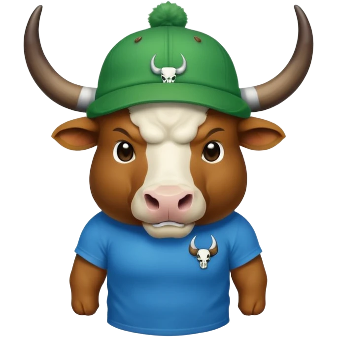 a bull wearing a green cap leveled WAGMI and wearing a blue t shirt and WAGMI designed with bulls skull and horn emoji