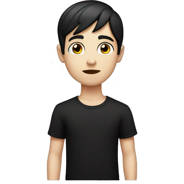 an emoji of a pale skinned boy with short straight black hair and open ears, with black eyes, wearing a basic black t-shirt, serious expression emoji