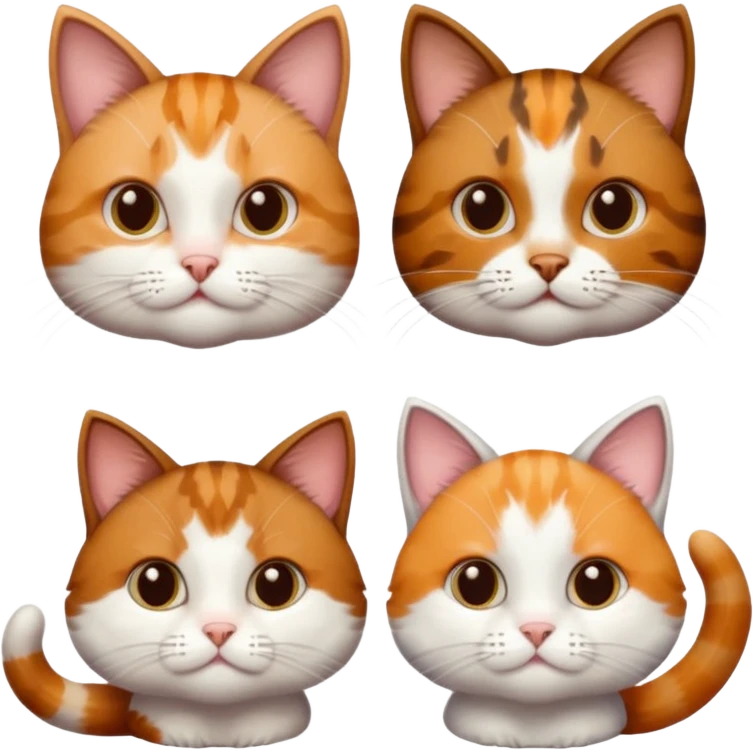 3 different coloured small cats including a dark brown tabby and white, and a patchy calico, and a ginger and white emoji