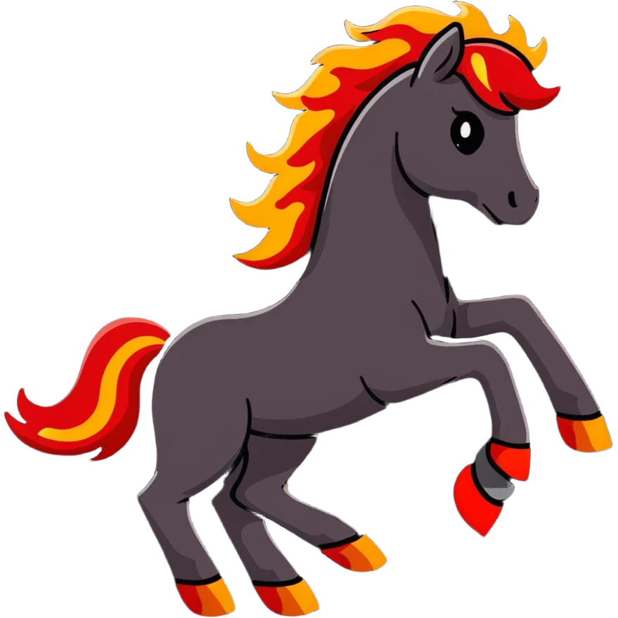 A red galloping horse composed entirely of fiery embers, magma flowing through its body, visible lava veins, flames burning along its mane and tail, with ash particles floating around it emoji