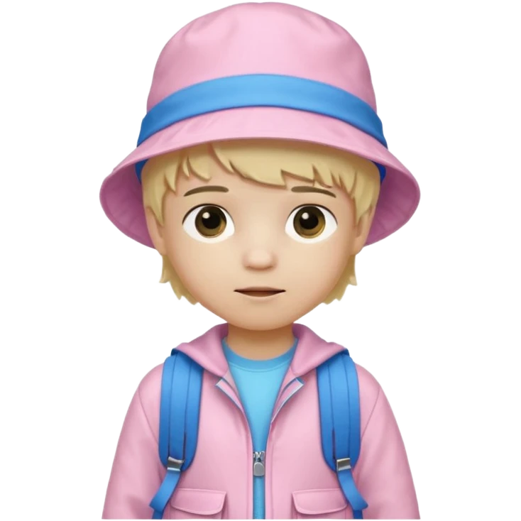 A little boy student white skin, blonde hair, with pink bucket hat, white jacket, blue backpack emoji