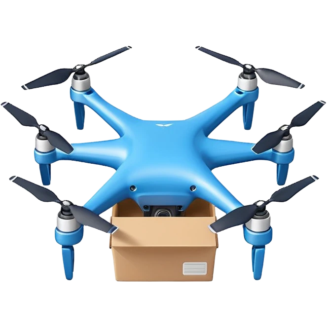 Delivery drone sticker, and blue texture on the body quadcopter carrying small package box, friendly design, simple flat vector style, soft shadow, white outline, transparent background emoji