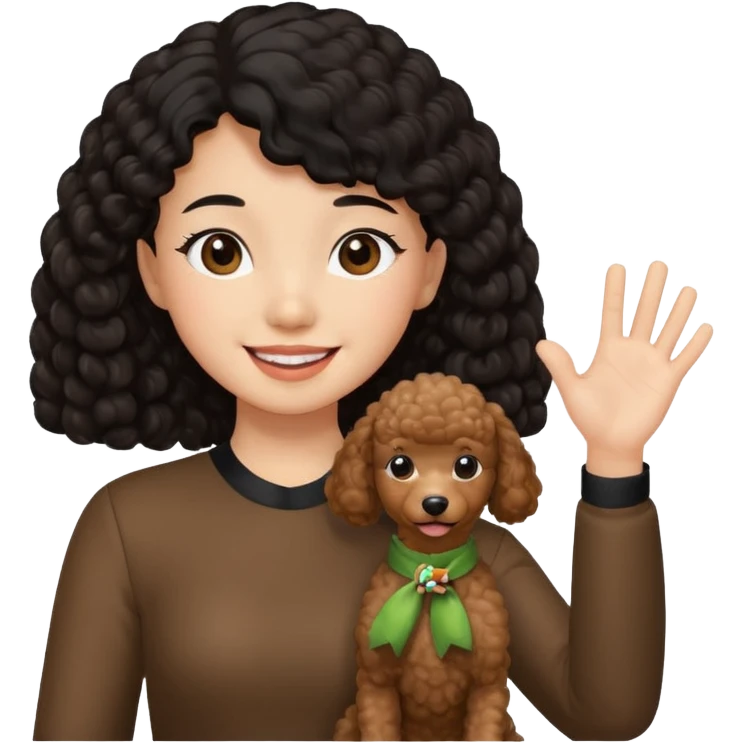 Brown poodle with Asia girl waving left hand emoji