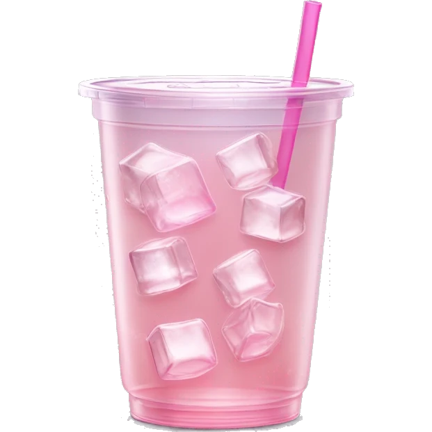 Realistic see through plastic cup and lid with half full Transluscent light pink soda,straw and large ice cubes inside. emoji