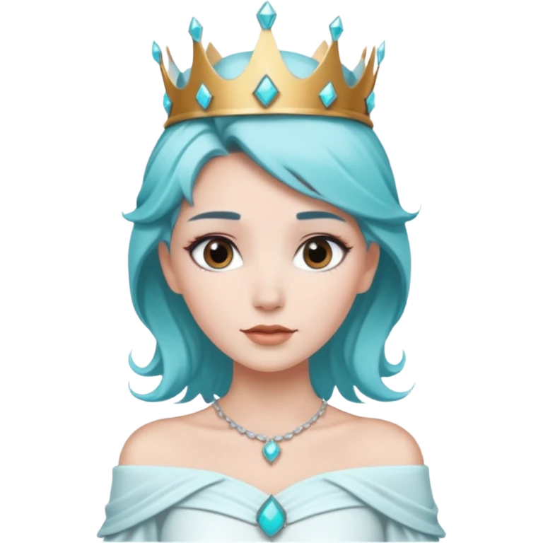 An ice queen with a little silver qrown, brown and turquoise hair and white skin. And off shoulder white dress emoji