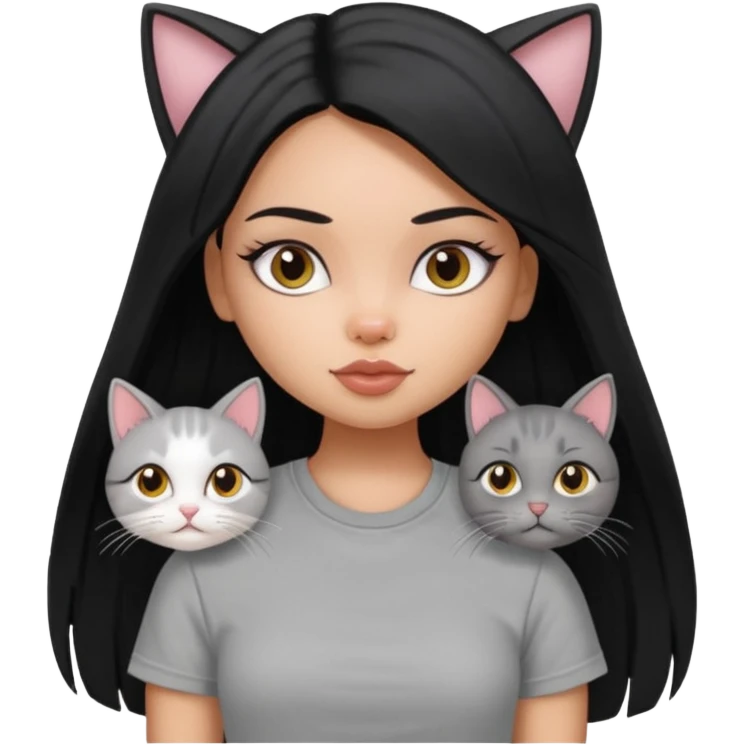 a pretty bratz dusky girl with long straight hair with 2 cats nd wearing a grey tshirt emoji