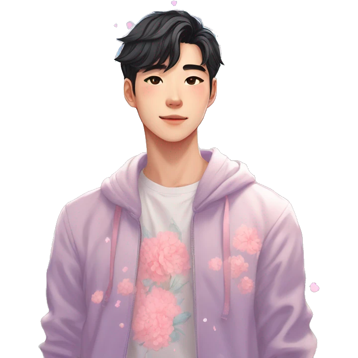 Gorgeous bright sparkly romantic Asian pastel anime style guy with blushing face and flowers aesthetic trending style outside emoji
