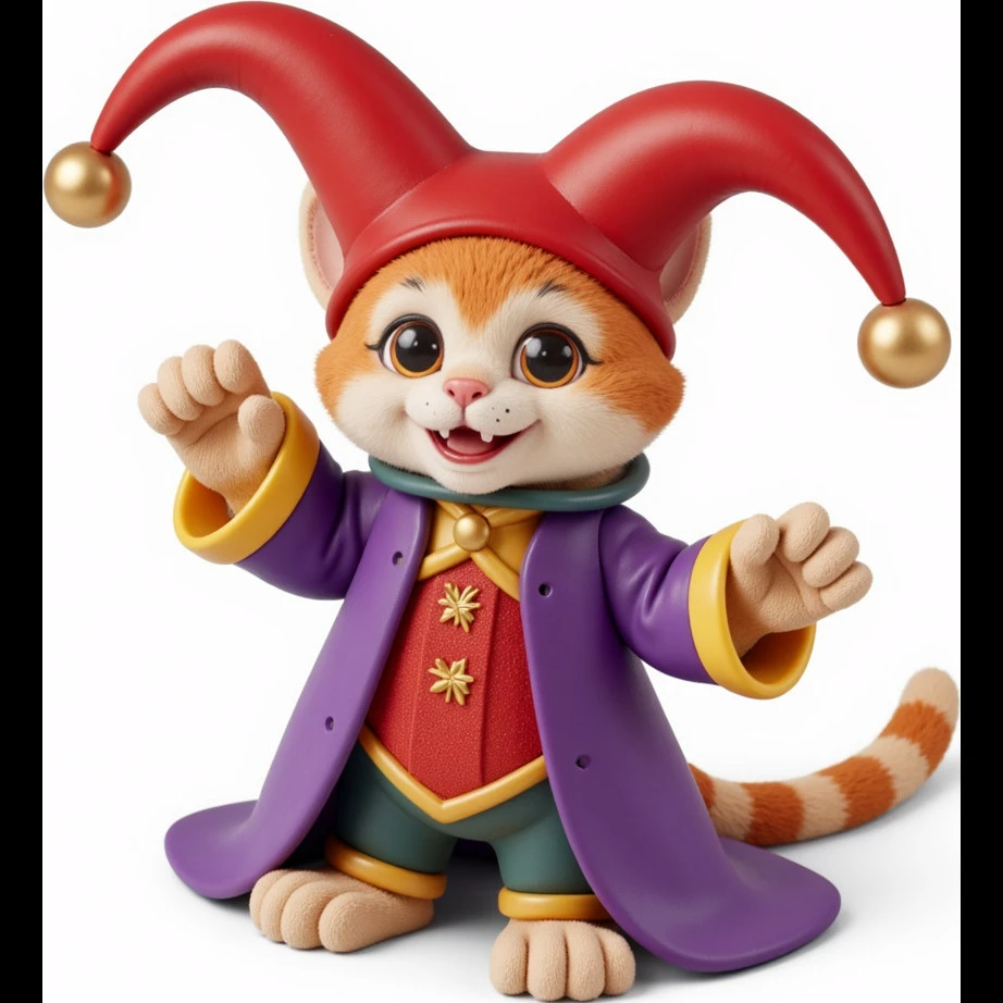 crazy colorful cute little cat jolly joker from poker, medieval, vintage, court jester, mac os icon, purple, gold and red color, half body. Squared shape as 3D mac os icon emoji