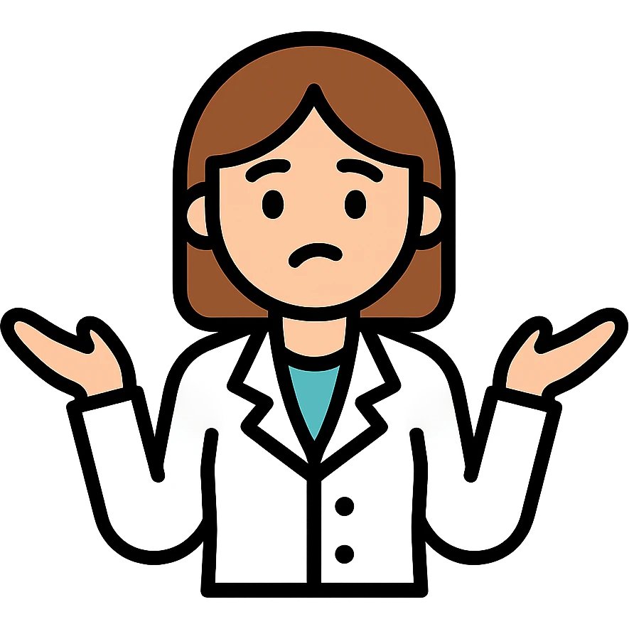 scientist woman shrugging, brunette hair, curious expression, lab coat, modern icon style emoji