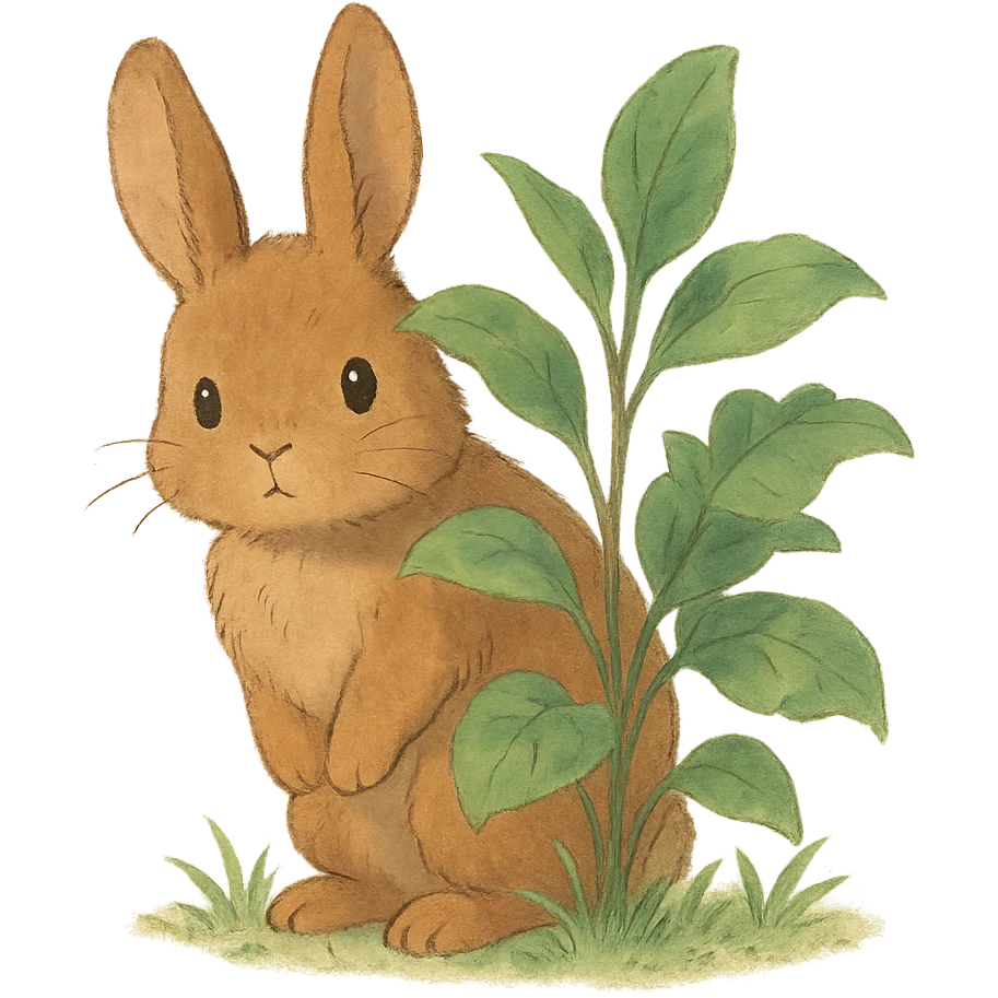 full-body cinnamon bunny peeking behind a plant in soft Ghibli style emoji