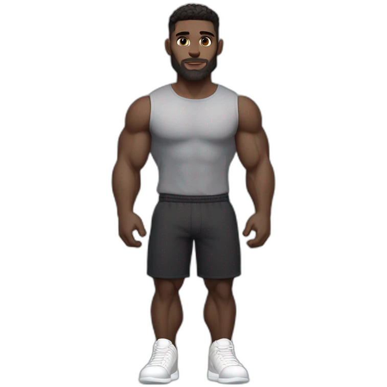 Pale skinned Fit Man With the biceps and dark brown hair in black shirt, gray sports shorts and white Sneakers Scales of the back of the head emoji