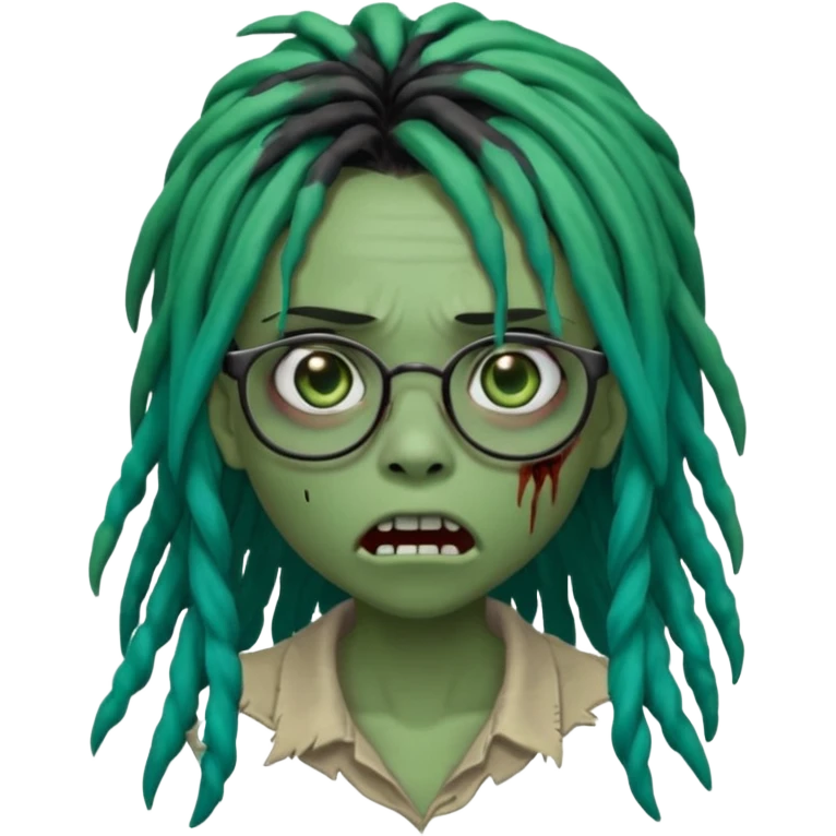 One young female green-skinned, zombie with glasses, with ombre black roots & teal tips long dreadlocks and a side bang of her locs that fall over the left eye and a worried expression like with the mouth open, teeth showing, and the jaw uneven. with a small wound near its mouth. emoji
