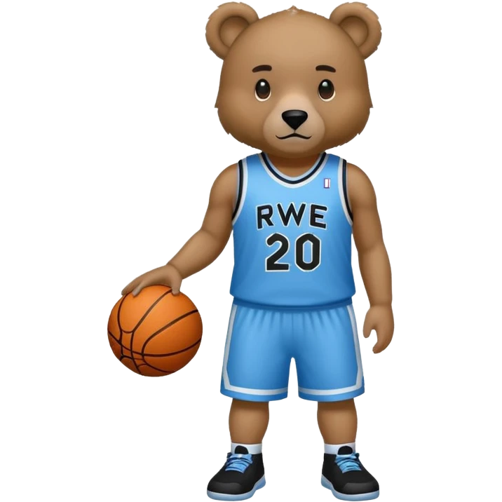 Bear with full body and wearing basketball black and light blue jersey that says RWE  emoji