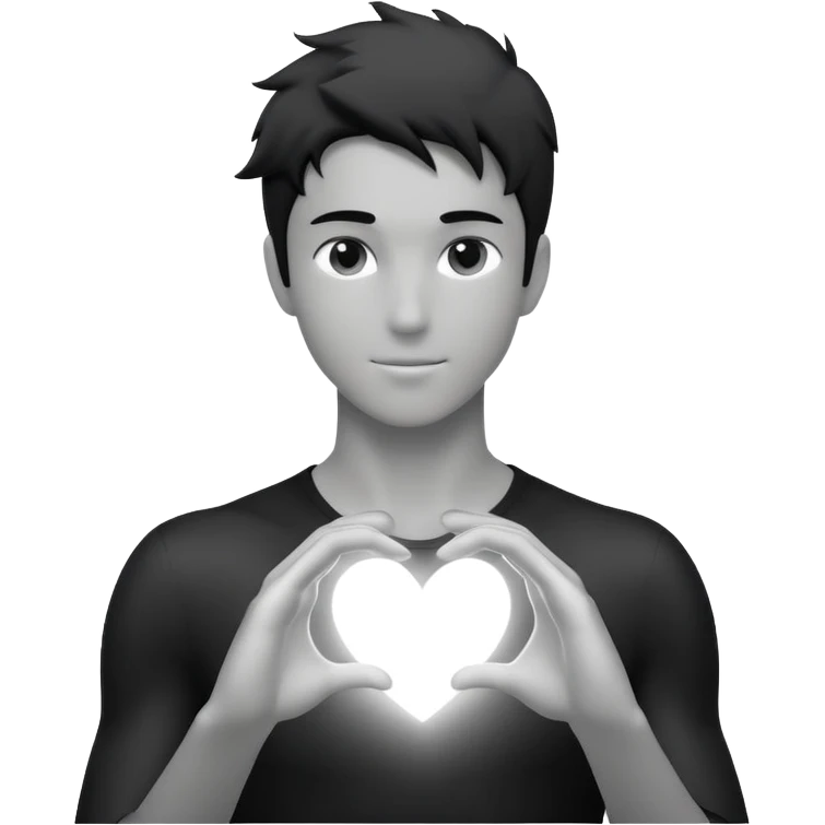 youthful male silhouette with glowing heart spark and flowing energy at fingertips, minimalist black or silver with soft dynamic motion emoji