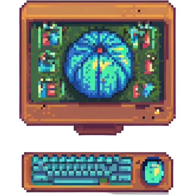 a computer with an open e-learning platform on the screen, pixel art style emoji