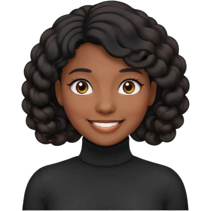 Create a custom emoji-style character inspired by a smiling black woman with curled black hair, dark skin tone, dark eyes, and wearing a turtleneck.  emoji
