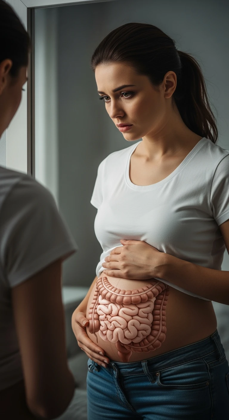 donna che si guarda allo specchio tenendosi la mano sulla pancia gonfia con espressione triste in volto, intestino umano anatomico in evidenza emoji