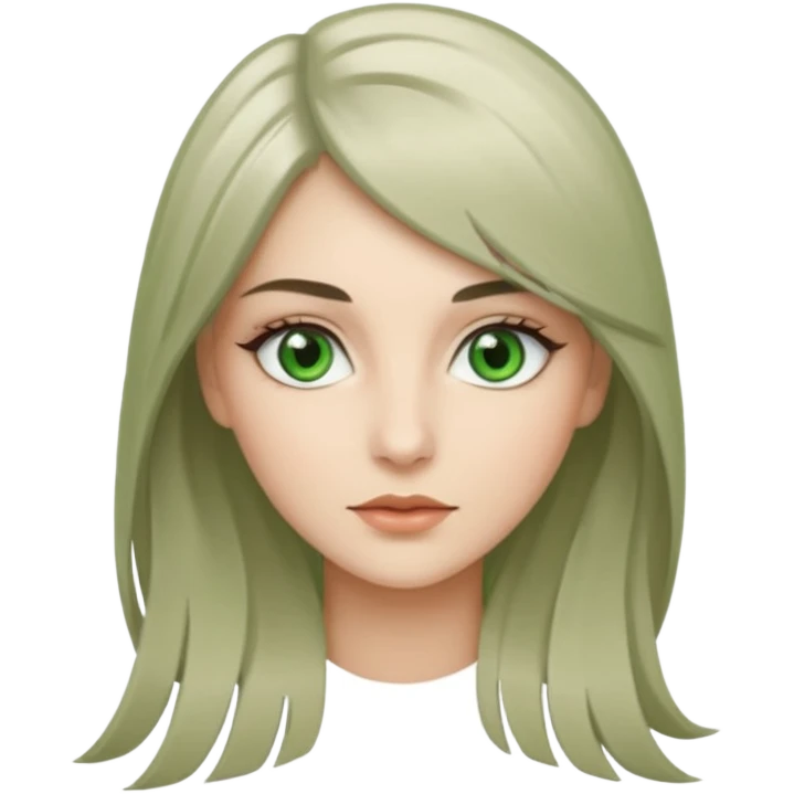 женщина с зелёными глазами, красивыми бровями, серо-бежевыми длинными волосами, с асимметричным пробором чёлкой, подстриженной каскадом, анфас  emoji