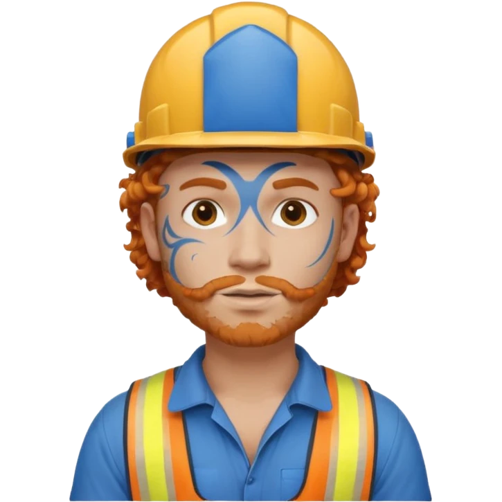 construction worker man ginger curly hair, blue helmet and heavy face tattoo emoji