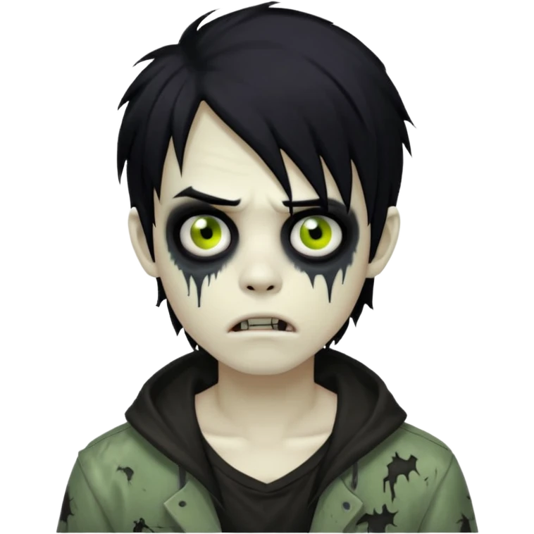 spooky boy zombie, medium-long black hair, emo and messy, creepy expression emoji
