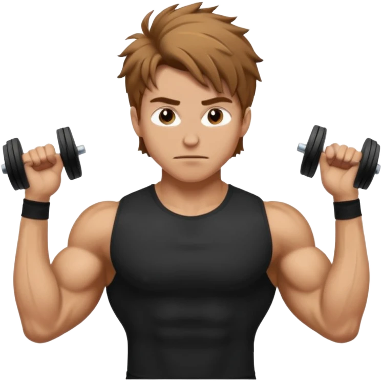 Gym rat with light brown hair and black t shirt, and messy hair. And muscular emoji