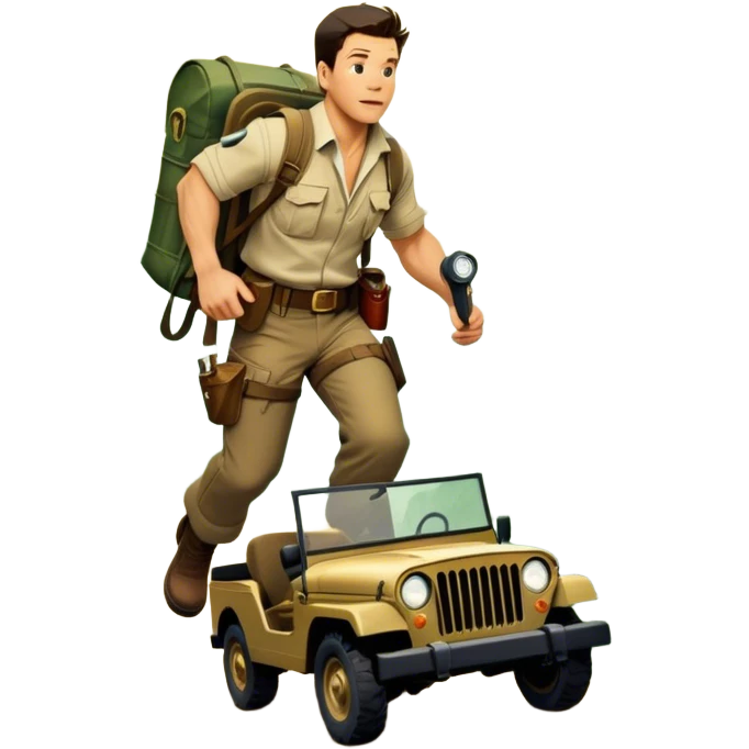 A vintage movie poster-style collage. Include action-packed elements like a treasure map, jungle scenes, a rugged explorer with a compass, and a speeding jeep. Add a shadowy figure resembling Mark Wahlberg in adventurous gear. Dramatic lighting, dynamic composition. Transparent background. emoji