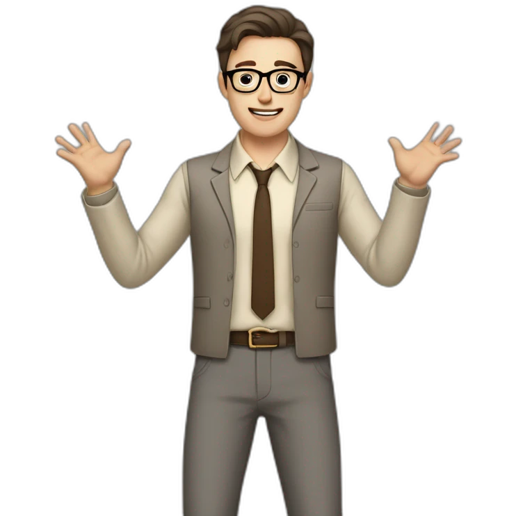 To belt Actively gesturing with hands Pale skinned fit man with dark brown hair in gray jacket, beige office shirt, brown tie, brown pants and vintage glasses. emoji