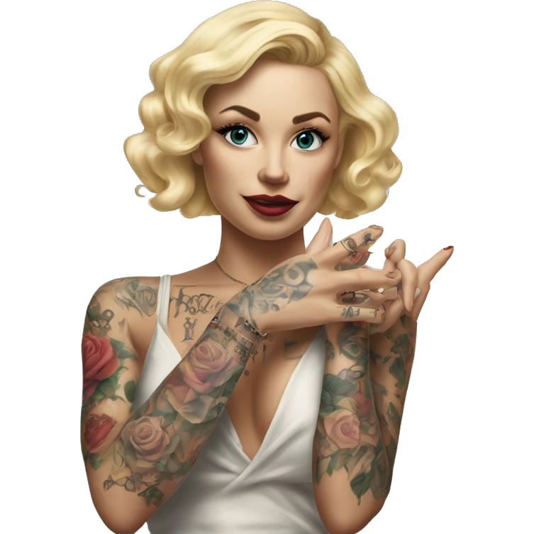 Blonde elegant women, her Body Covered with Tattoos, POINTING YOU with her HAND , Hyper realistic emoji