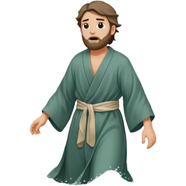 A biblical illustration of Jonah, a weary prophet with simple robes, fleeing towards a stormy seashore. emoji