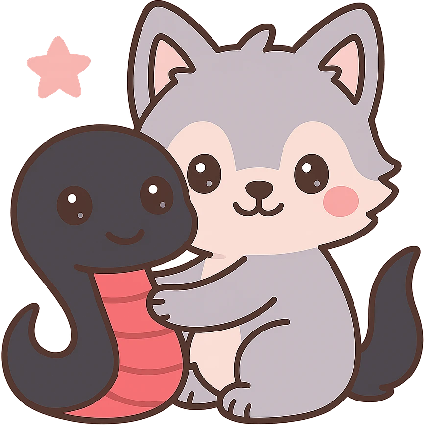 Make the snake larger, with a black body and red underbelly. The snake should be hugging the wolf back. Keep the kawaii style and ensure the background remains transparent. emoji