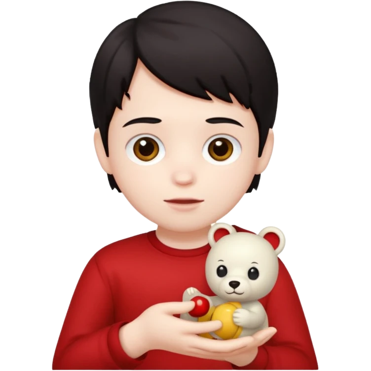dark haired red wearing kid with small toy emoji