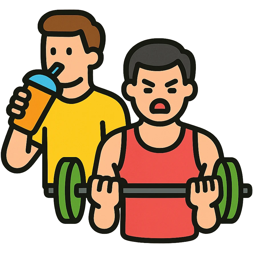two men at the gym, one working out intensely, the other sipping a smoothie, icon style, clear contrast, simple and recognizable emoji