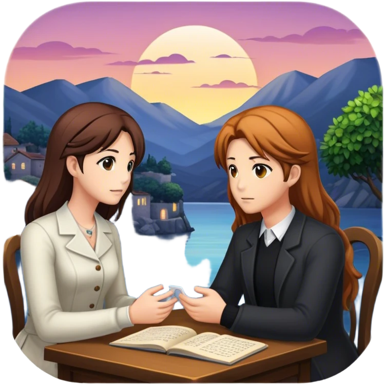 An icon representing a visual novel game, with a detailed background featuring a romantic or mysterious setting. Characters are in conversation, with dialogue boxes visible. The design captures the immersive storytelling and emotional depth of visual novels, set against a transparent background. emoji