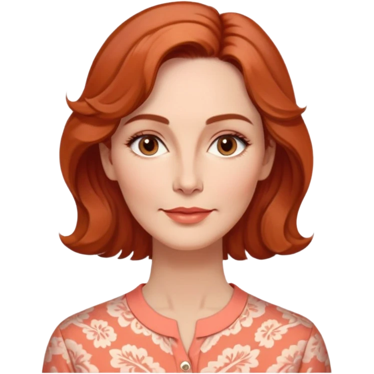 Middle-aged woman with elongated face, gentle structure, prominent cheekbones, warm expression, medium almond dark eyes, softly arched eyebrows, straight slender nose, friendly defined lips, reddish wavy hair with volume, wearing a coral-colored artistic-cut comfortable shirt emoji