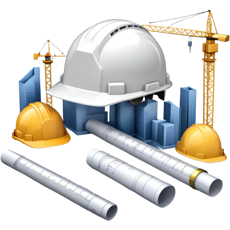 An icon featuring blueprints, a compass, and a construction helmet, symbolizing architecture and construction. The design includes building structures, cranes, and a ruler, representing the design and creation of buildings and urban planning. Transparent background. emoji
