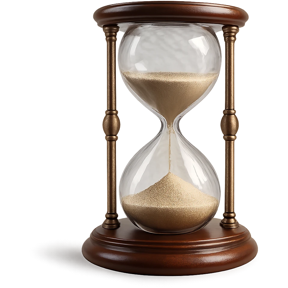 3D hyperrealistic hourglass, 4K render, glossy wooden base, fine sand inside, realistic lighting, transparent background emoji