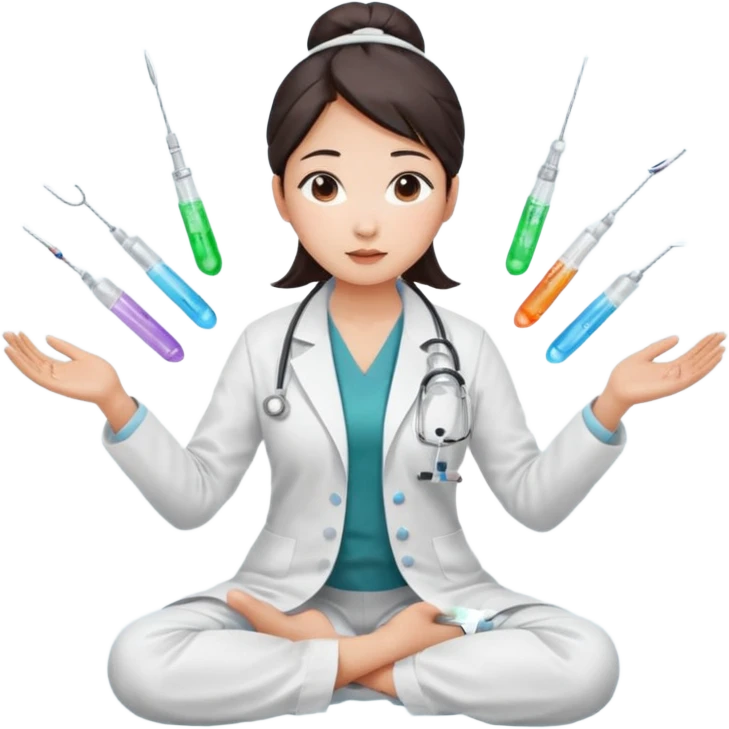 emoji of an asian woman with a single bun in a white lab coat sitting cross legged with micropipettes levitating in an arc around her head, the tips should be pointing away from her and she should not be wearing a steth escope emoji