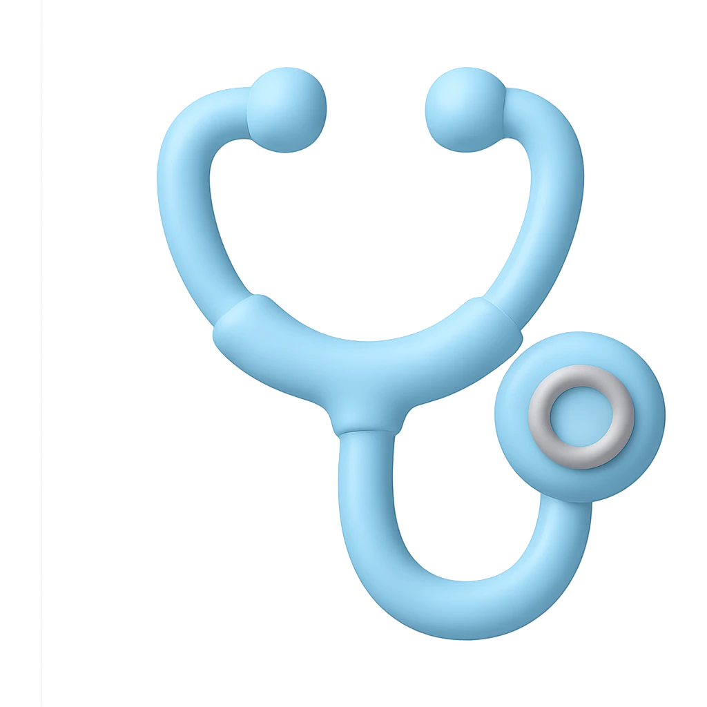 Light blue stethoscope with silver accents in vinyl figure 3D emoji style, chestpiece facing forward, no background. emoji