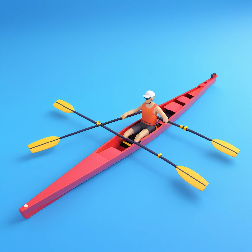 top-down view of a professional racing single Olympic rowing boat with a rower, minimal sea effect underneath emoji