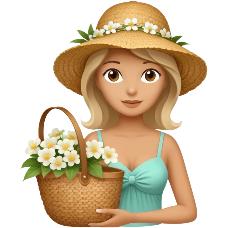 summer beautiful wicker hat, beach beige bag and bouquet of white flowers emoji