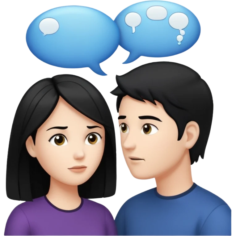 a person chatting up another person, one white male with black hair, one white woman facing each other talking with strictly white speech bubbles above their head,  emoji