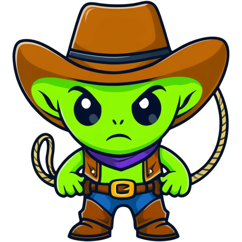 Green alien cowboy with cowboy hat and lasso emoji