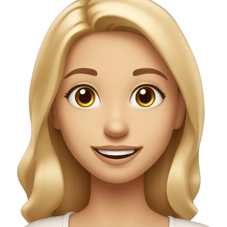 girl, heart-shaped face with high cheekbones and slightly pointed chin, almond-shaped eyes of light brown color, framed by long natural lashes. 
Eyebrows arched, medium thick, long light blonde hair, wide smile, showing teeth, joyful and expressive face emoji