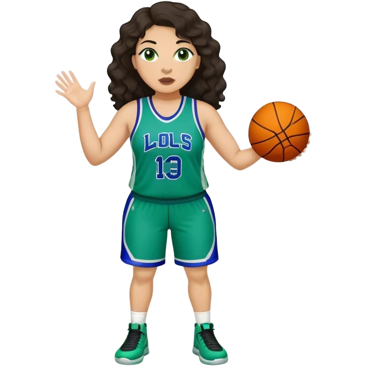full body plus size light skin latino women basketball player with wavy dark hair large wide nose wearing blue with green uniform emoji